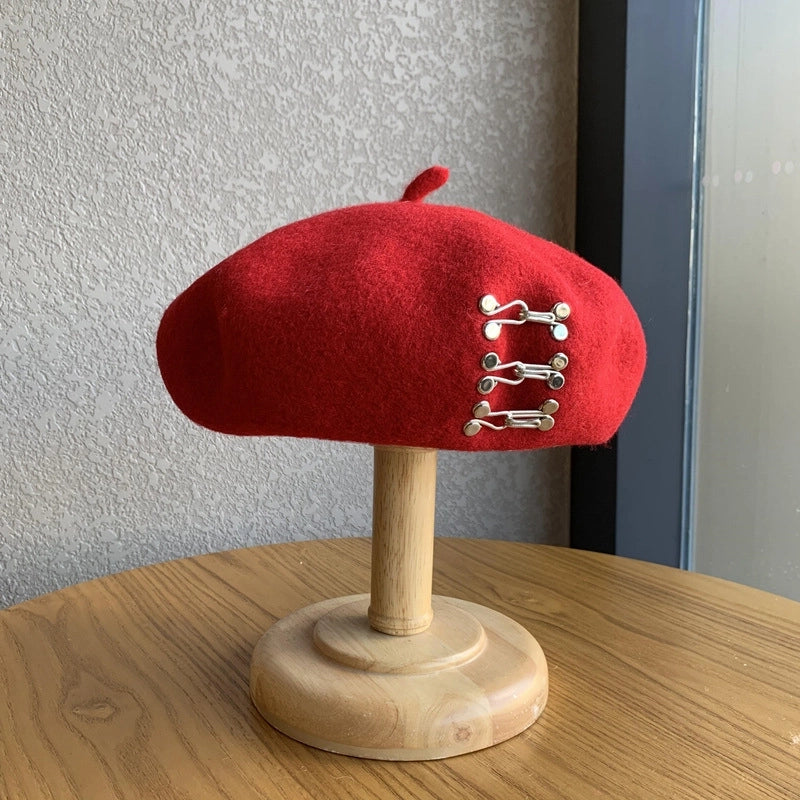 Women's Basic Retro British Style Solid Color Metal Button Eaveless Beret Hat
