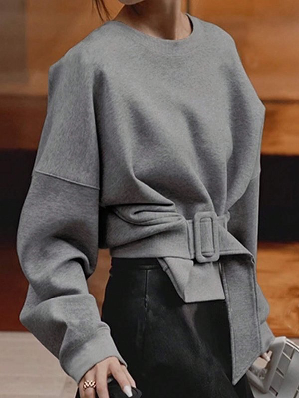 Long Sleeves Loose Belt Buckle Solid Color Round-Neck Sweatshirt Tops