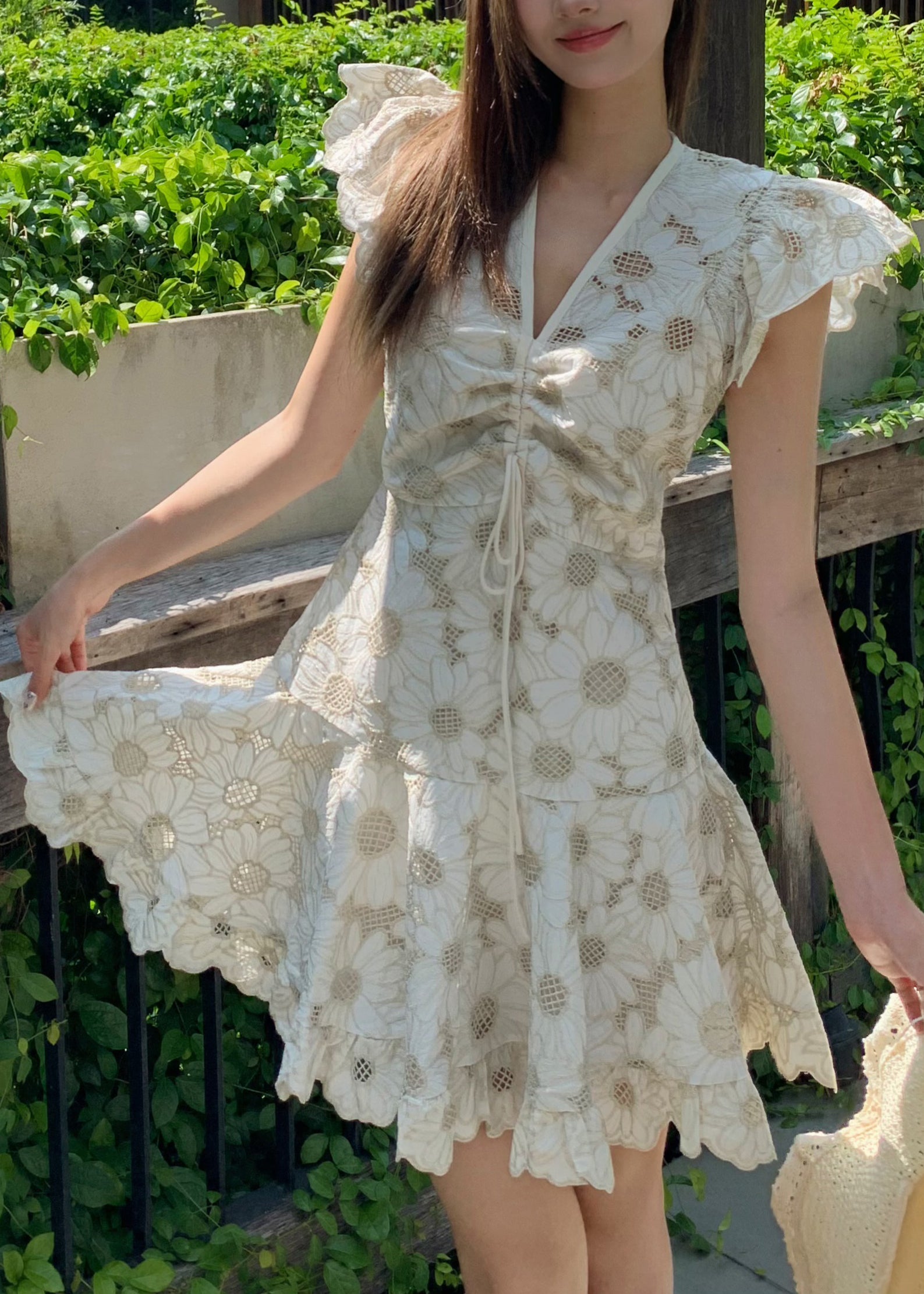 Art White V Neck Lace Up Hollow Out Cotton Mini Dresses Summer