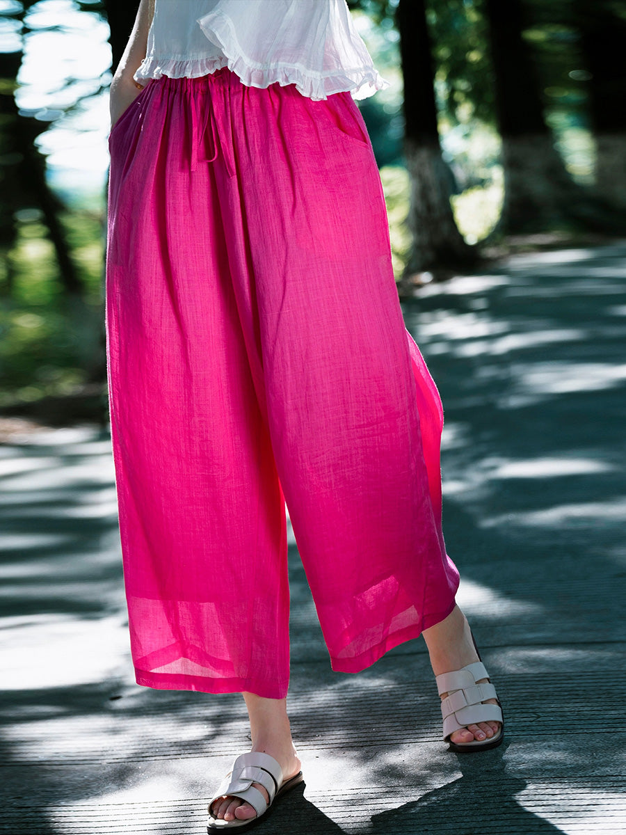 Women Summer Pure Color 100%Ramie Wide-leg Pants