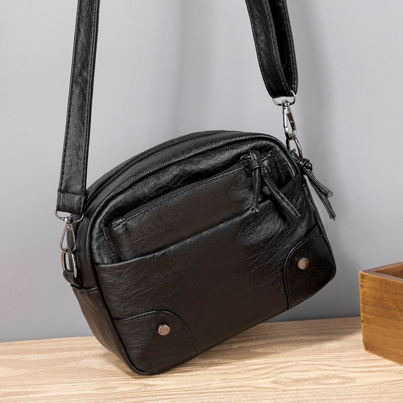 Soft Leather Small Bag Women's New Fashionable Simple Retro Mobile Phone Bag Multi-Layer Travel Fashionable Crossbody Small Square Bag