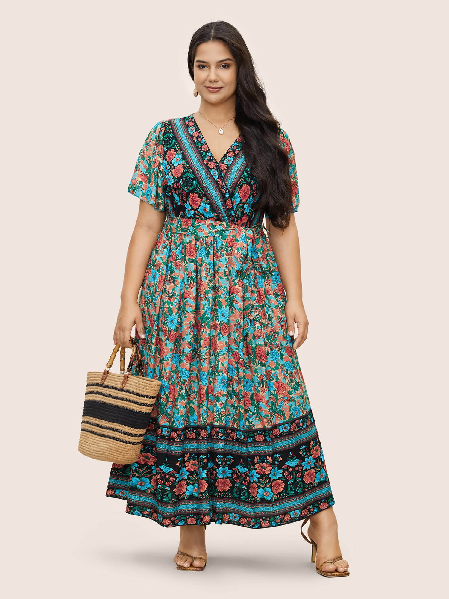 Bandana Surplice Neck Pocket Belted Flutter Hem Maxi Dress