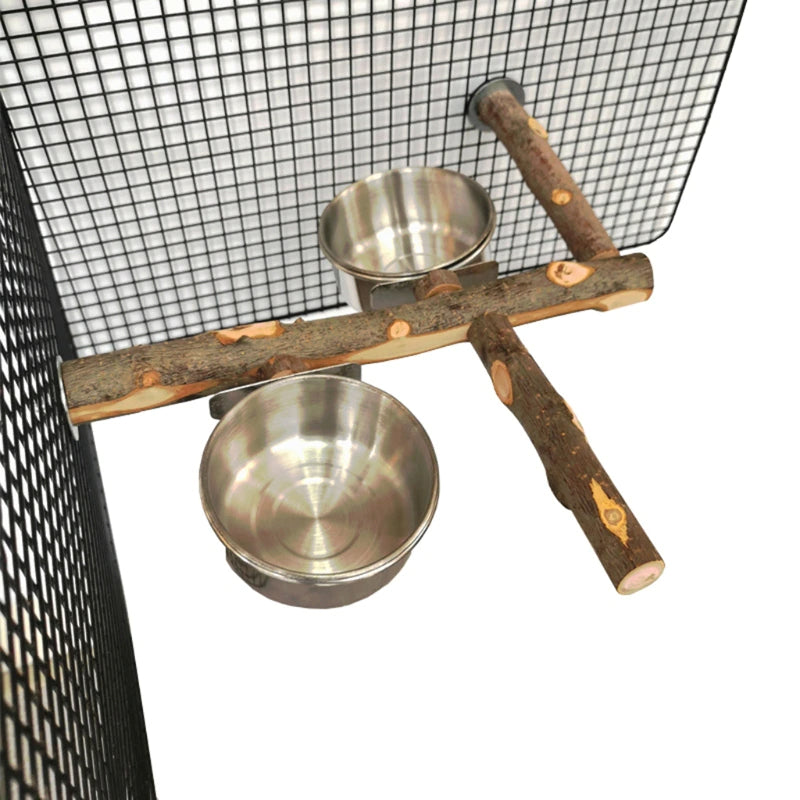 Bird Perch Tree Wood Stand With Stainless Steel Feeding Cups
