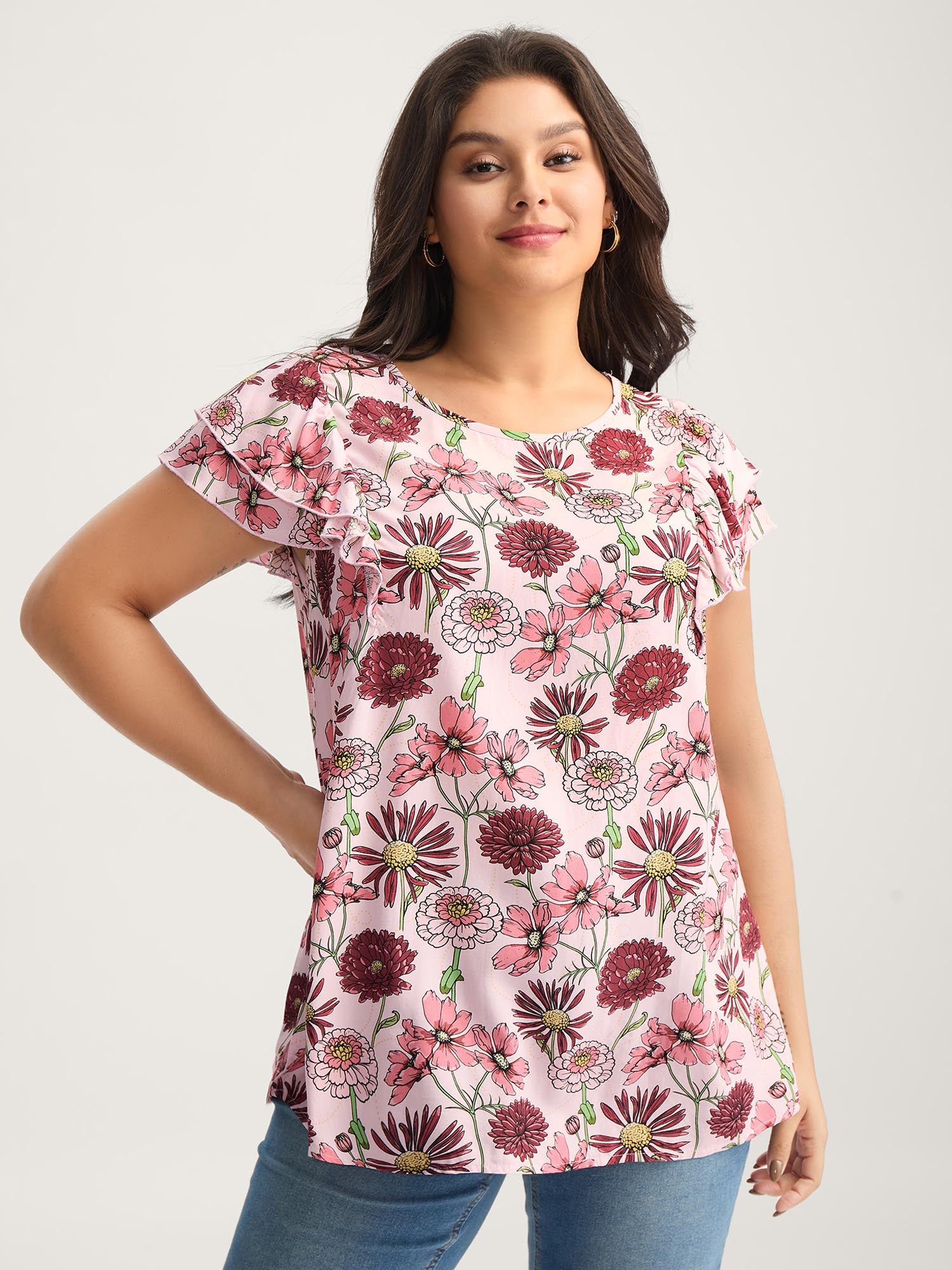 Large Floral Print Layered Sleeve Blouse