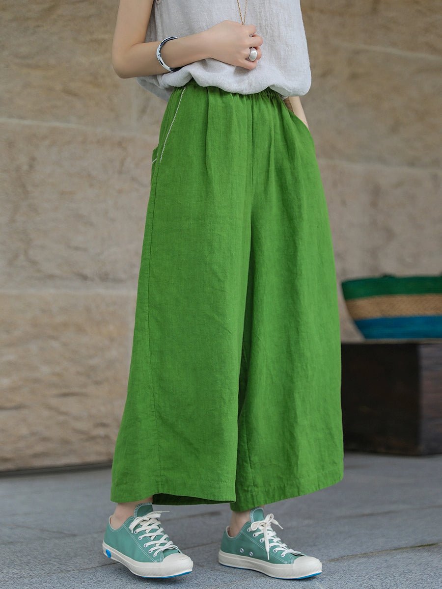 Women Casual Pure Color 100%Linen Wide-leg Pants
