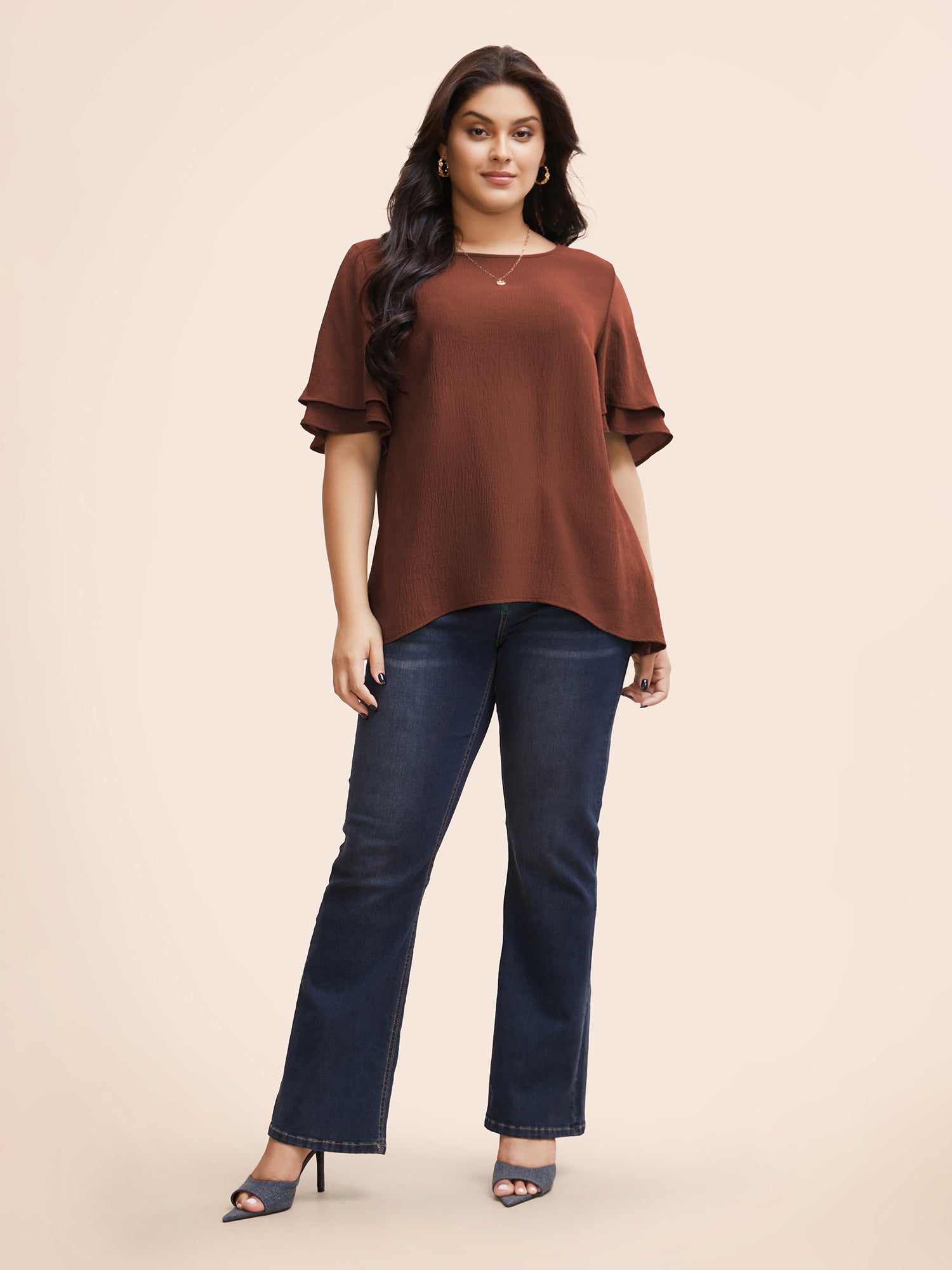 Solid Tiered Ruffles Split Hem Blouse