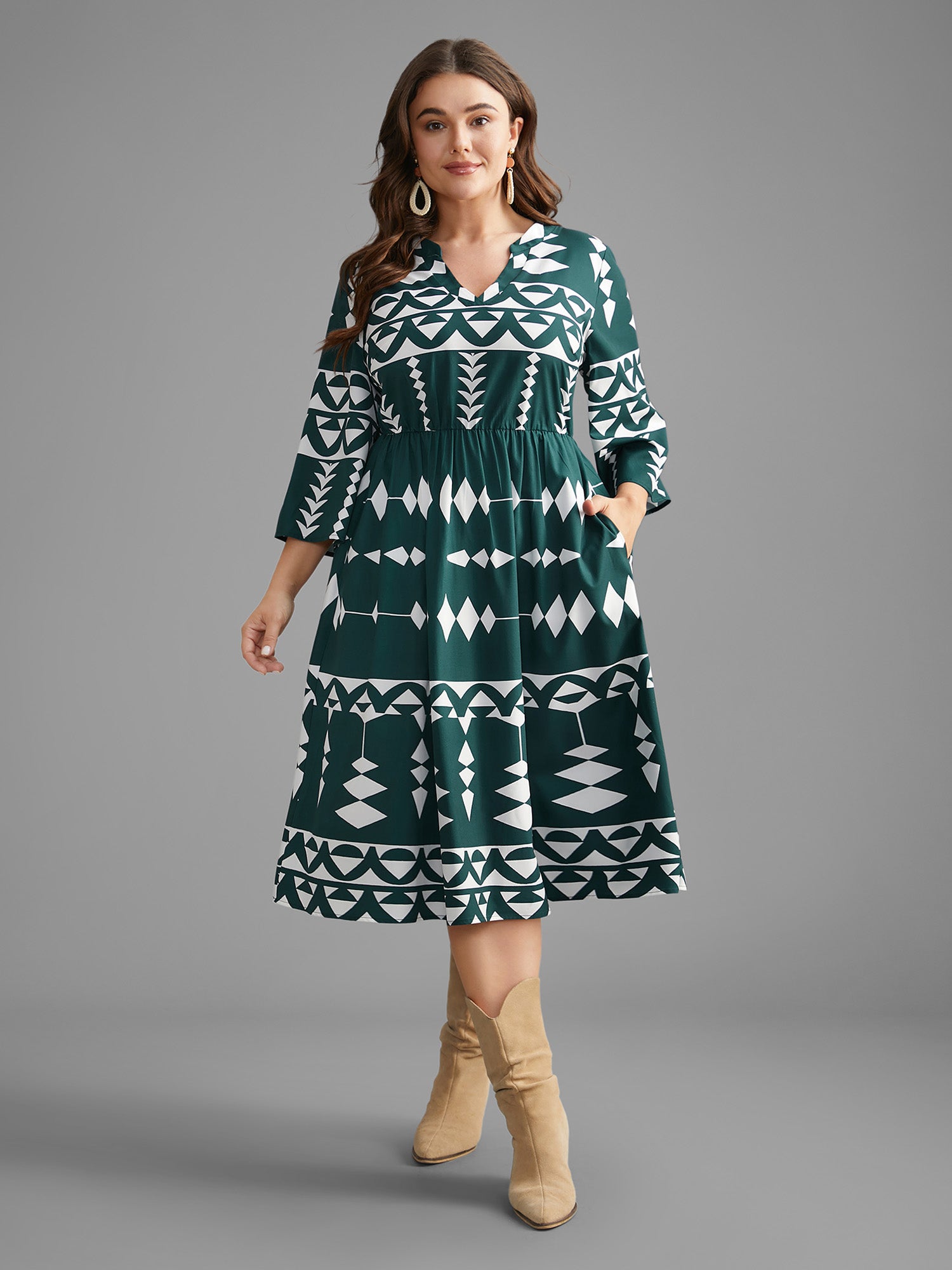 Geometric Pattern Elastic Waist Midi Dress