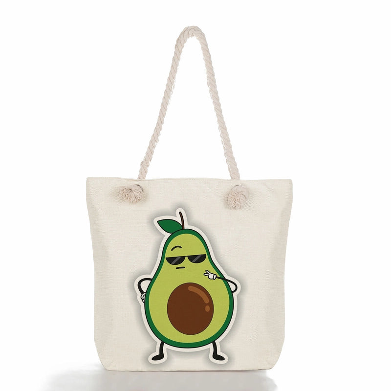 Women's Medium Linen Fruit Cute Classic Style Square Zipper Tote Bag Beach Bag