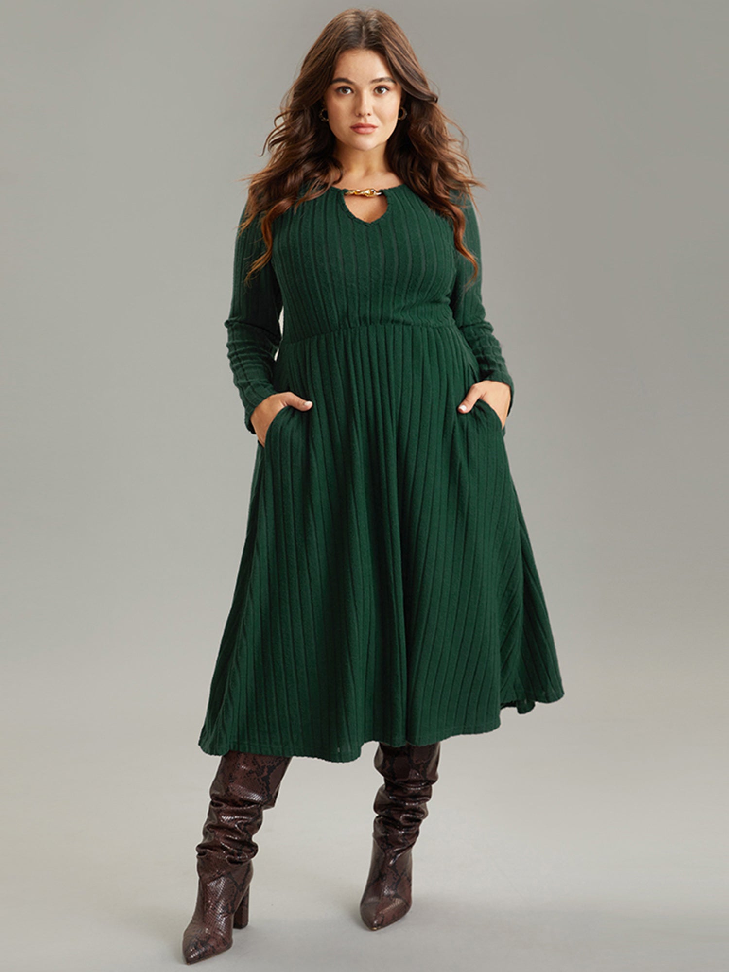 Rib Knit Plain Notched Pocket Dress