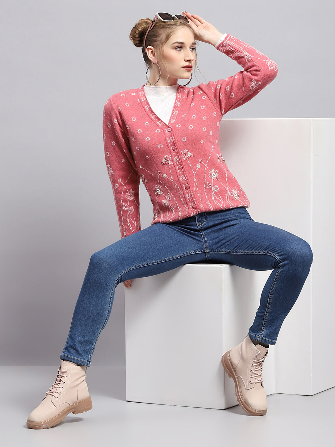 Women Pink Self Design V Neck Full Sleeve Cardigan