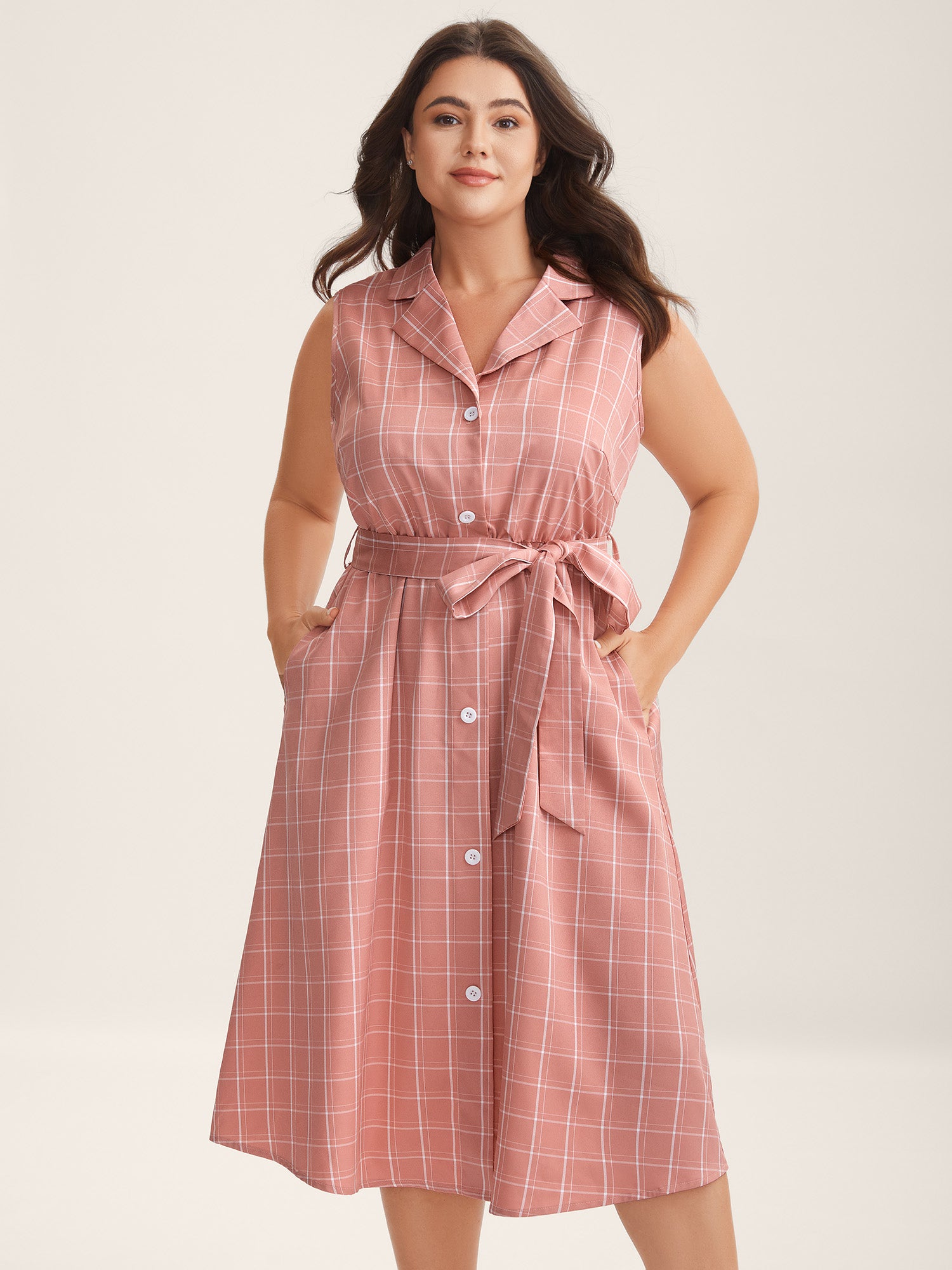 Plaid Belted Pockets Shirt Dress