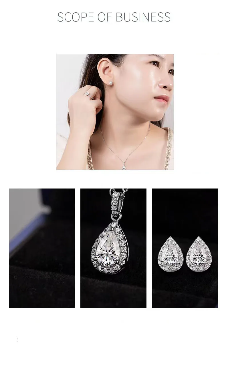 Women Fine Jewelry Sets Pear Moissanite 1Ct Necklace 0.5ct Stud Earrings 925 Sterling Silver Jewelry Set For Women Wedding Gift