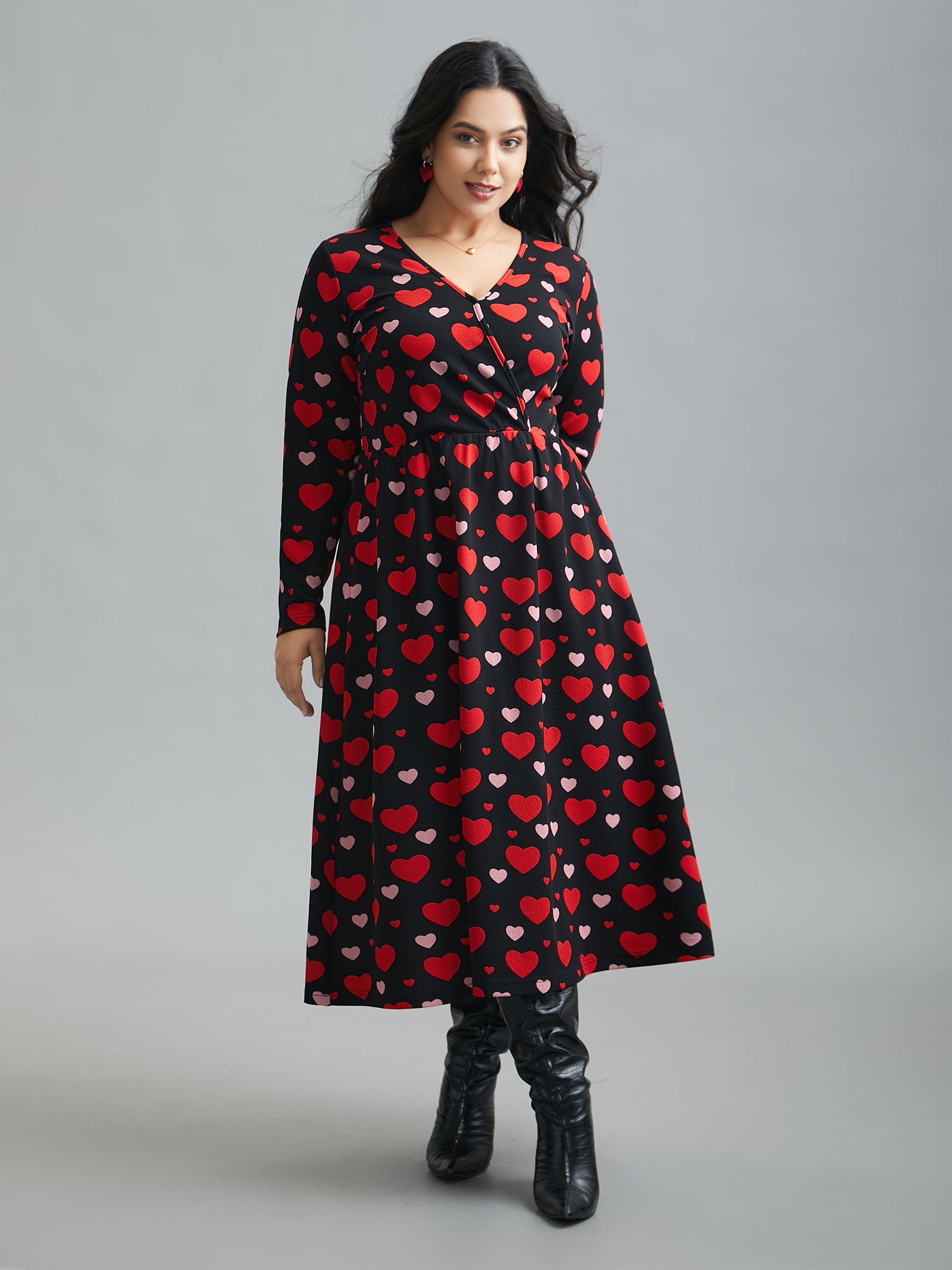 Wrap Neck Hearts Print Knit Dress