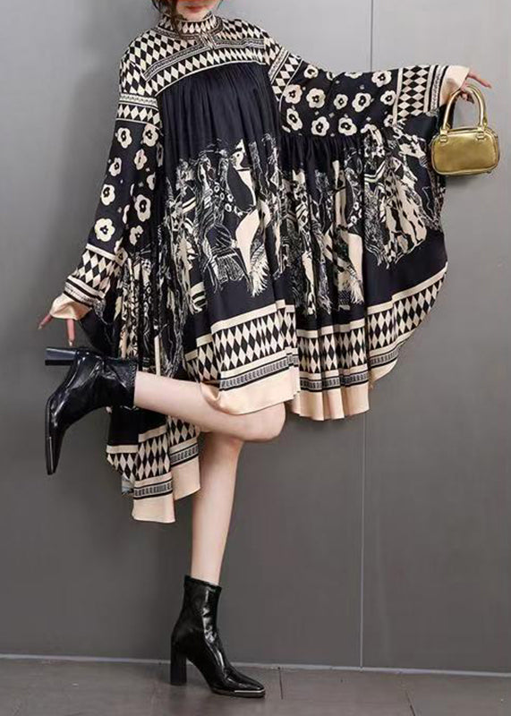 DIY Black Turtleneck Print Cotton Maxi Dresses Batwing Sleeve Fall
