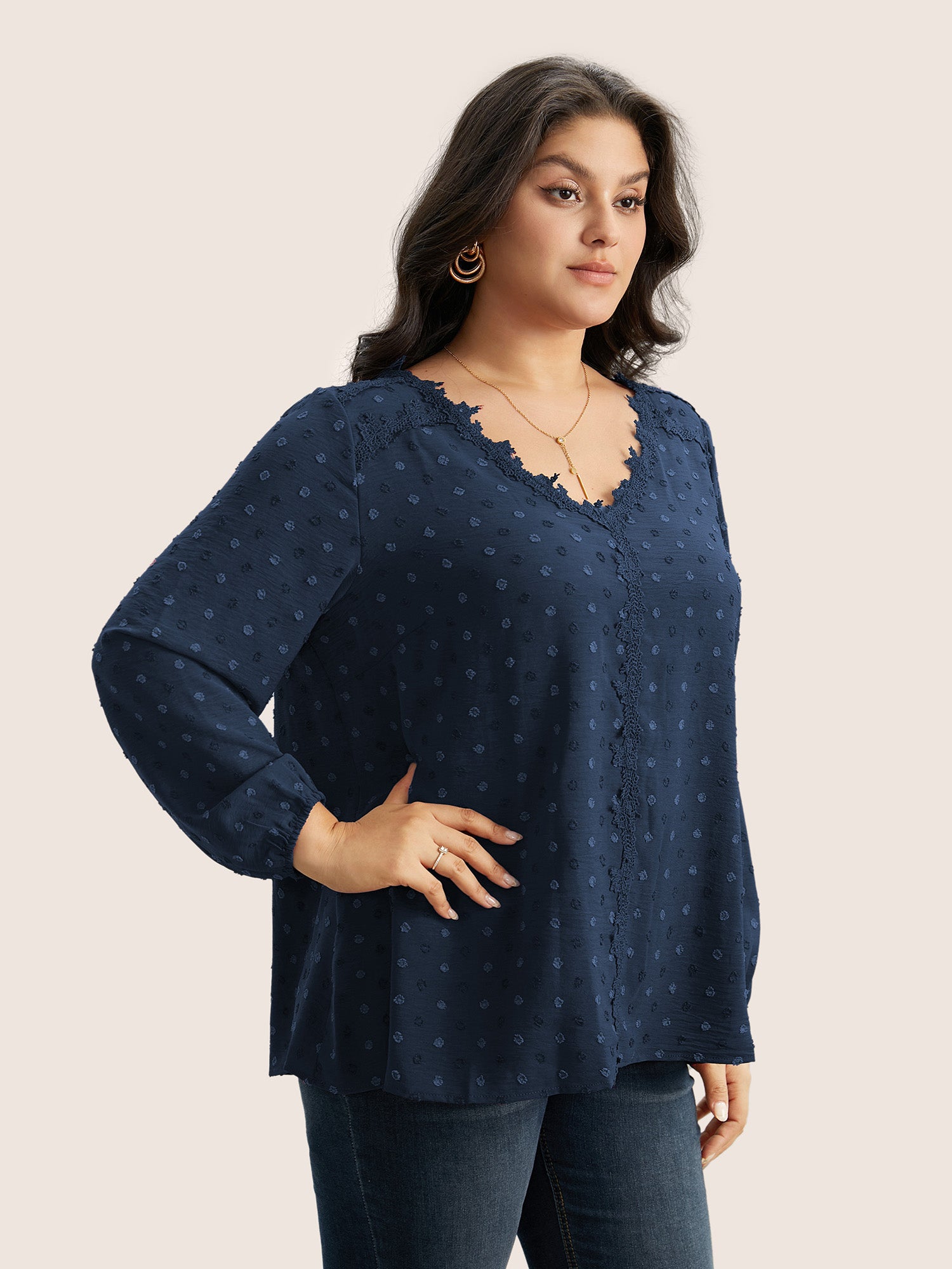 Plisse Eyelet Lace Elastic Cuffs Blouse
