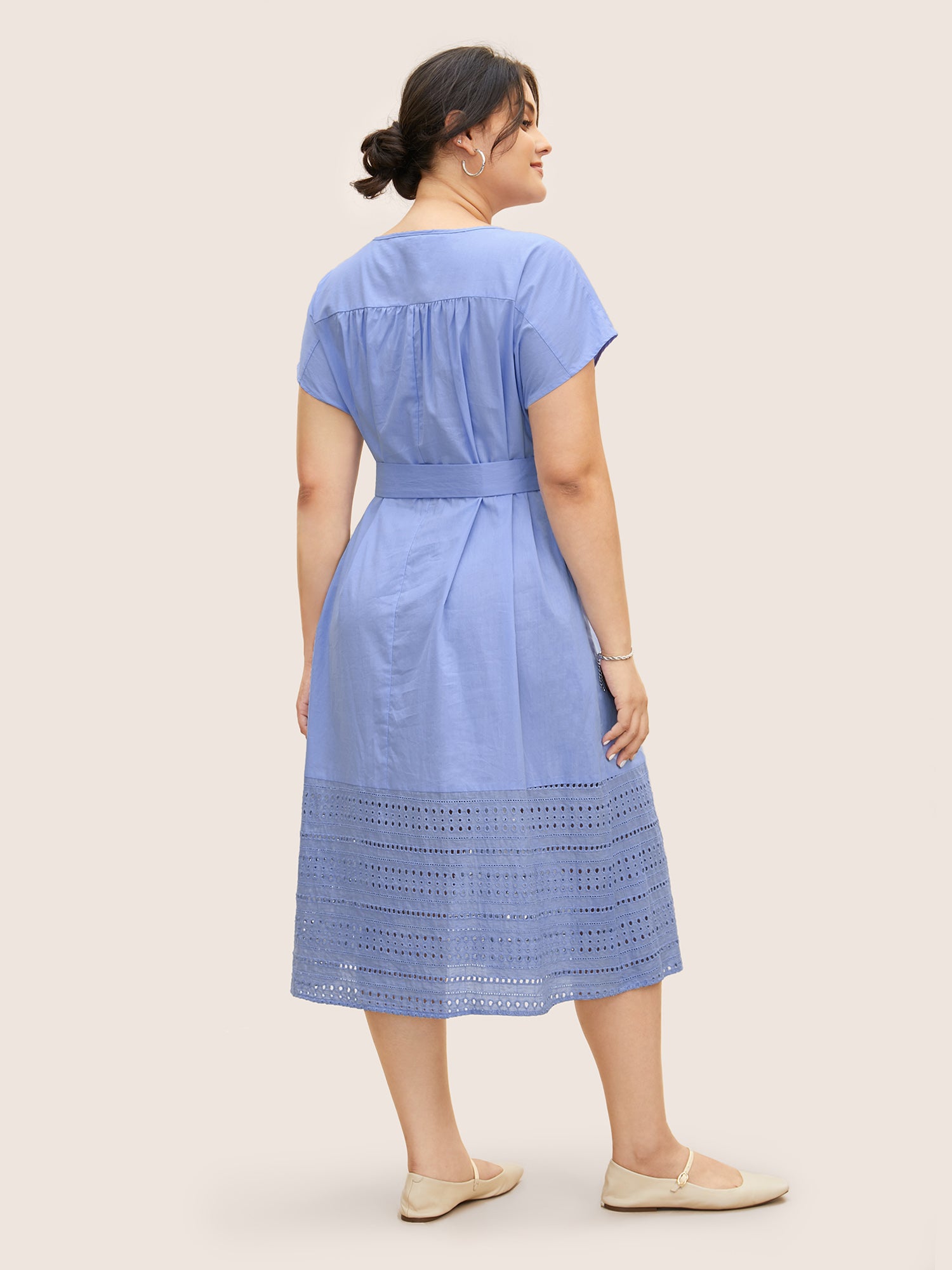 Solid Dolman Sleeve Broderie Anglaise Belted Dress