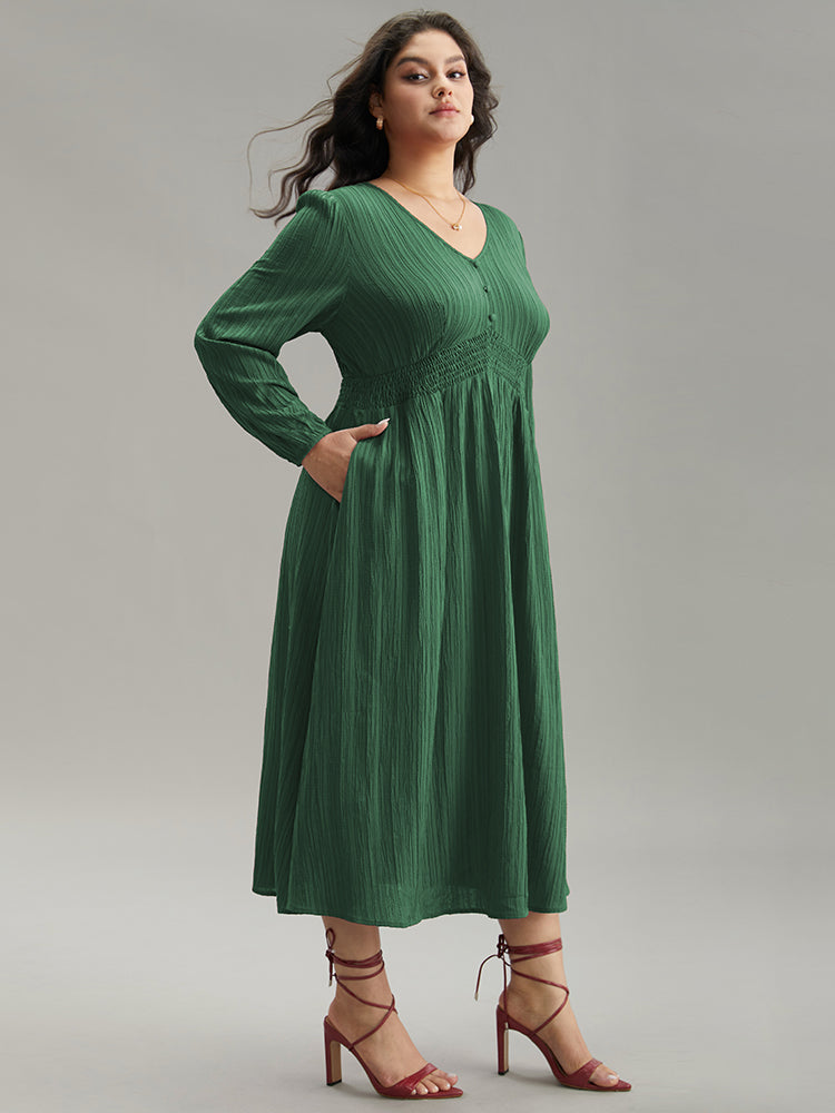 Solid Plisse Button Detail Shirred Dress