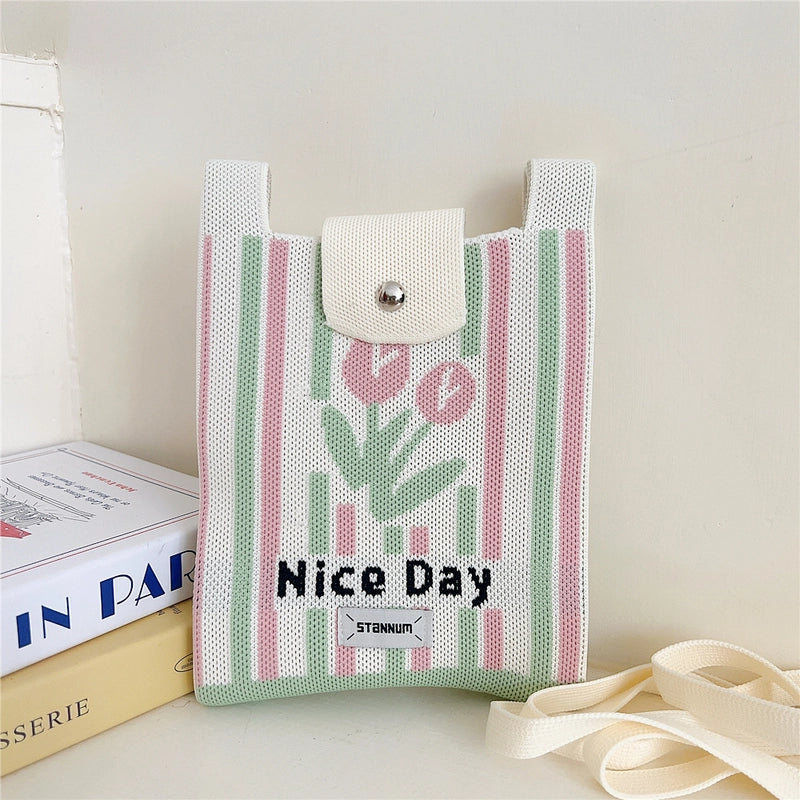 Women's Small Polyester Cartoon Letter Flower Cute Square Flip Cover Bucket Bag