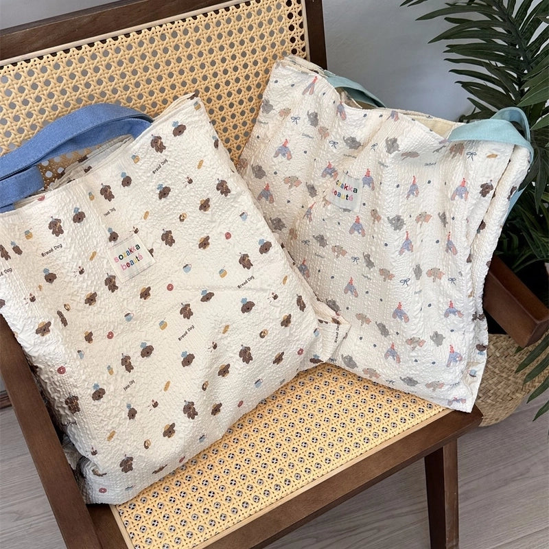 4431 Cute Sweet Printed Puppy Double Layer Canvas Bag Summer New Large Capacity Casual Portable Shoulder Bag