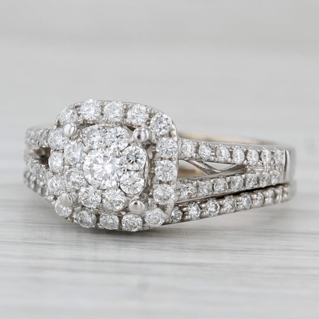 0.85ctw Diamond Halo Engagement Ring Wedding Band Bridal Set 14k White Gold Sz 6