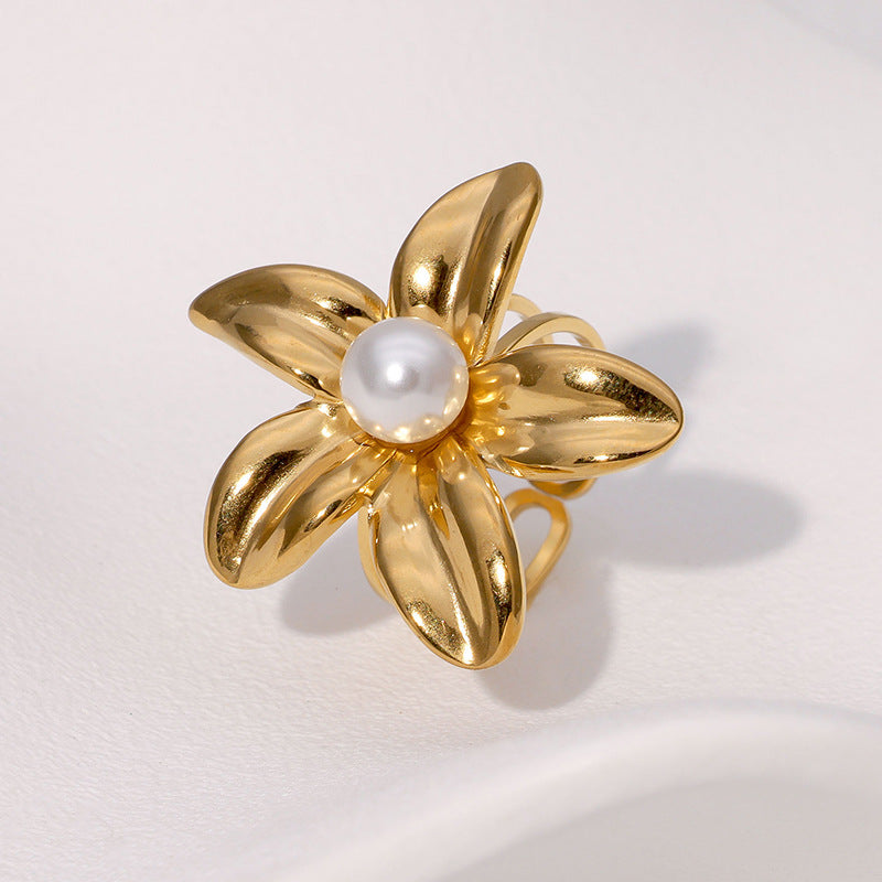 Simple And Versatile Flower Ring French Style Cold Style Real Pearl Stainless Steel Ring For Women