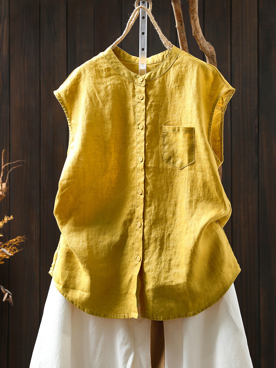 Women Summer Casual Pure Color Stand Collar 100%Linen Shirt