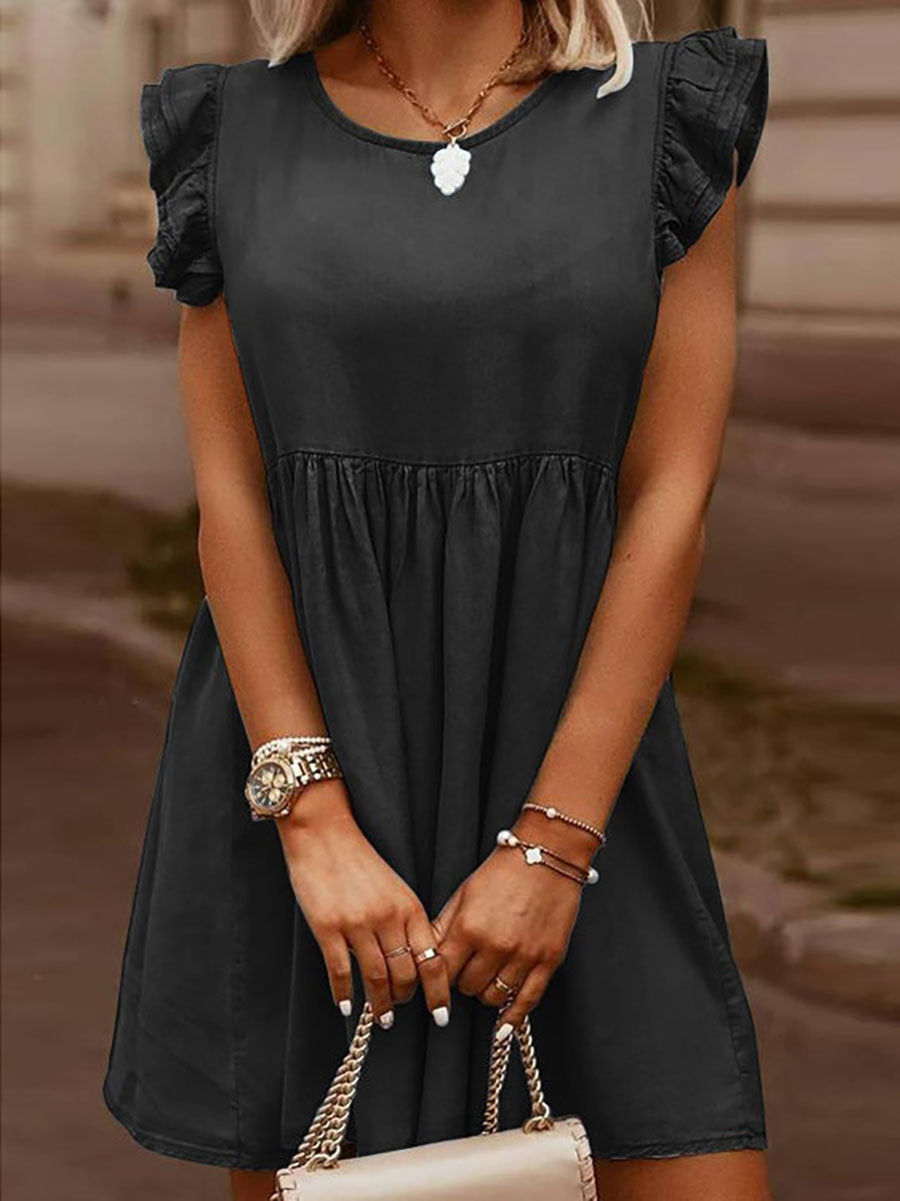 Casual Denim Ruffle O Neck Dress