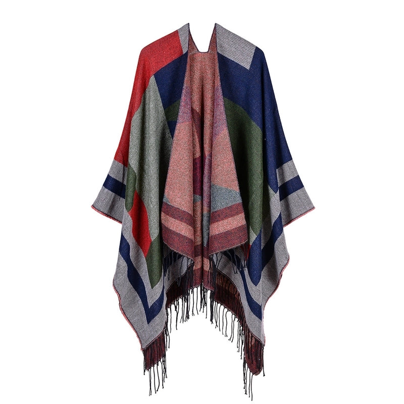 Export Women's Rhombus Tassel Lengthened Hot Selling Imitation Cashmere Shawl Both Sides Available Thickened Cape