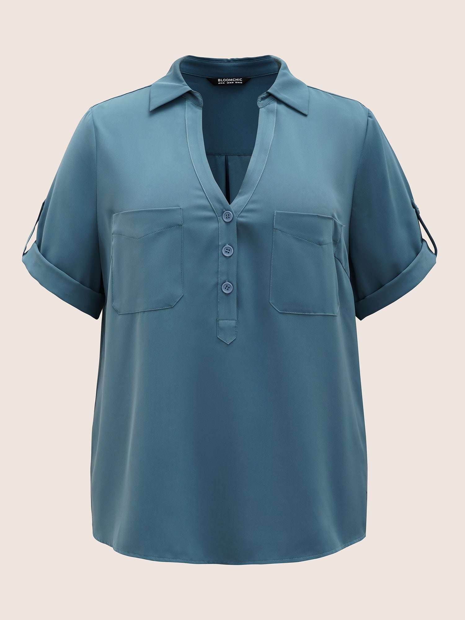 Anti-Wrinkle Shirt Collar Patched Pocket Tab Sleeve Blouse