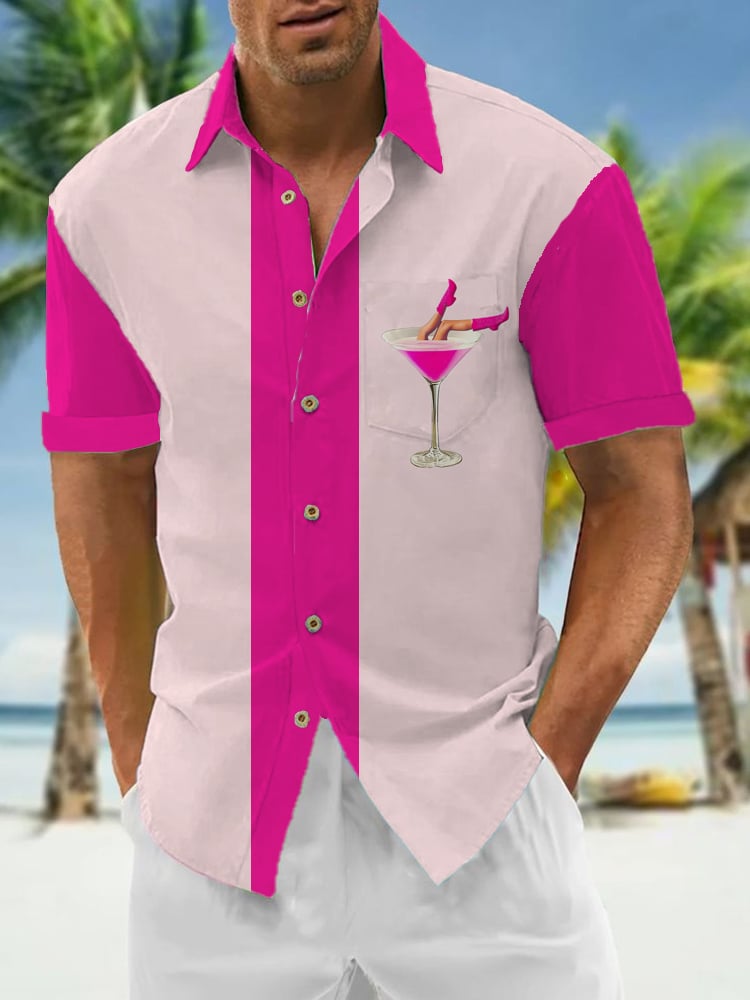 Pink Resort Striped Short Sleeve Pocket Shirt