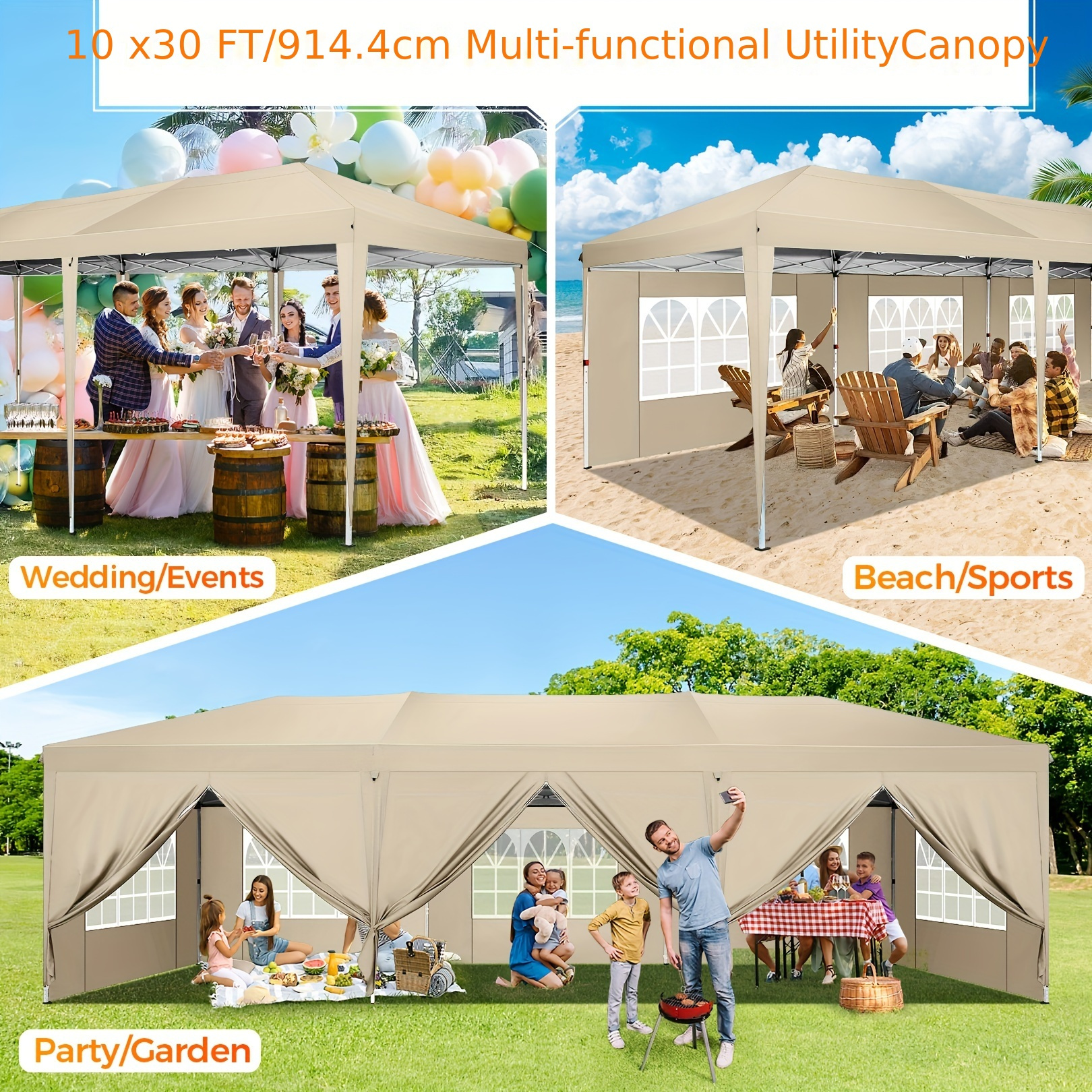 10*30 feet pop up tent with 8 removable side walls, waterproof, windproof and UV resistant