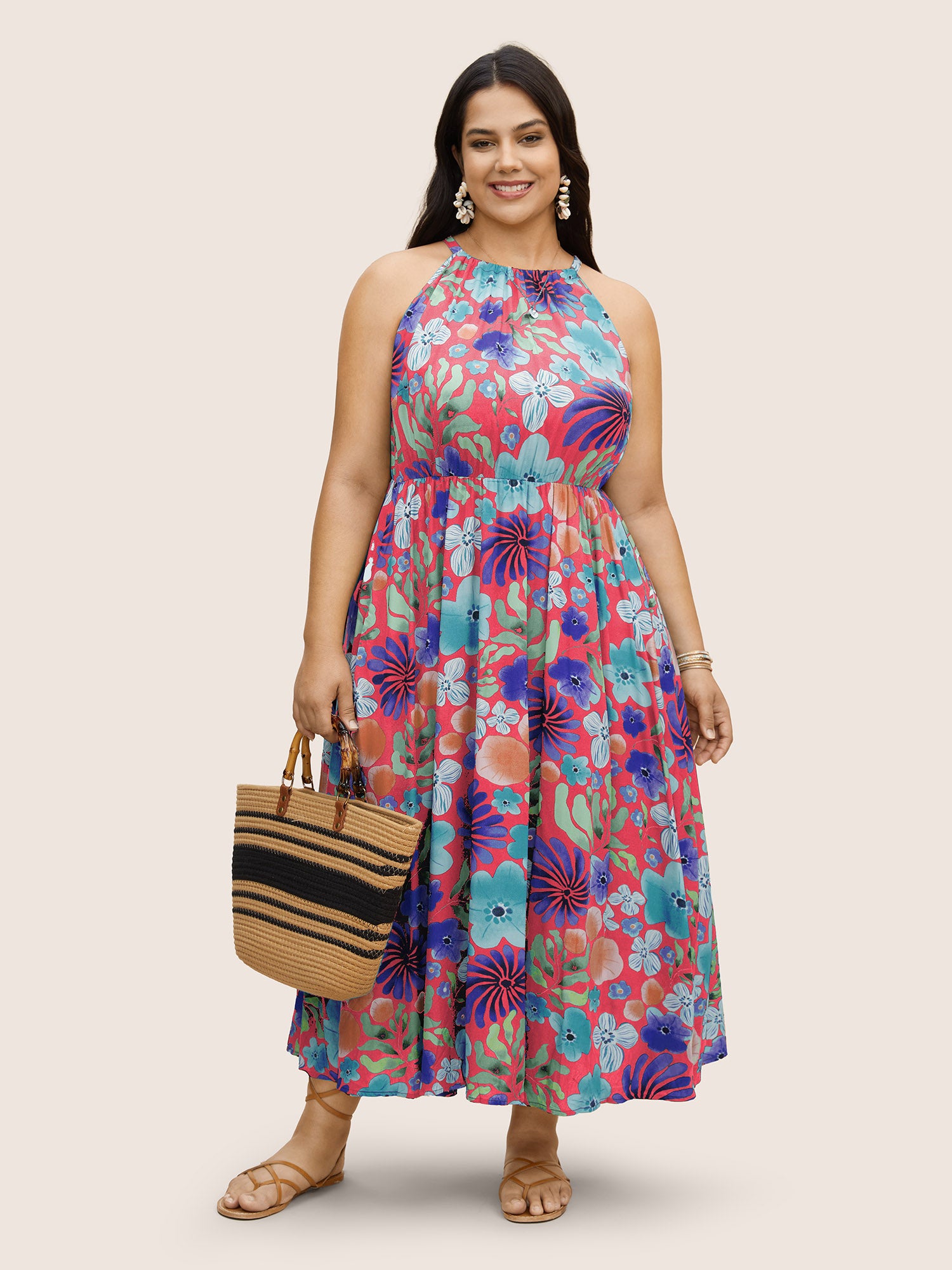 Floral Printed Patchwork Side Seam Pocket Dress