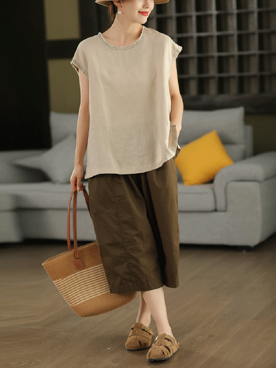 Women Summer Pure Color O-Neck 100%Hemp Shirt