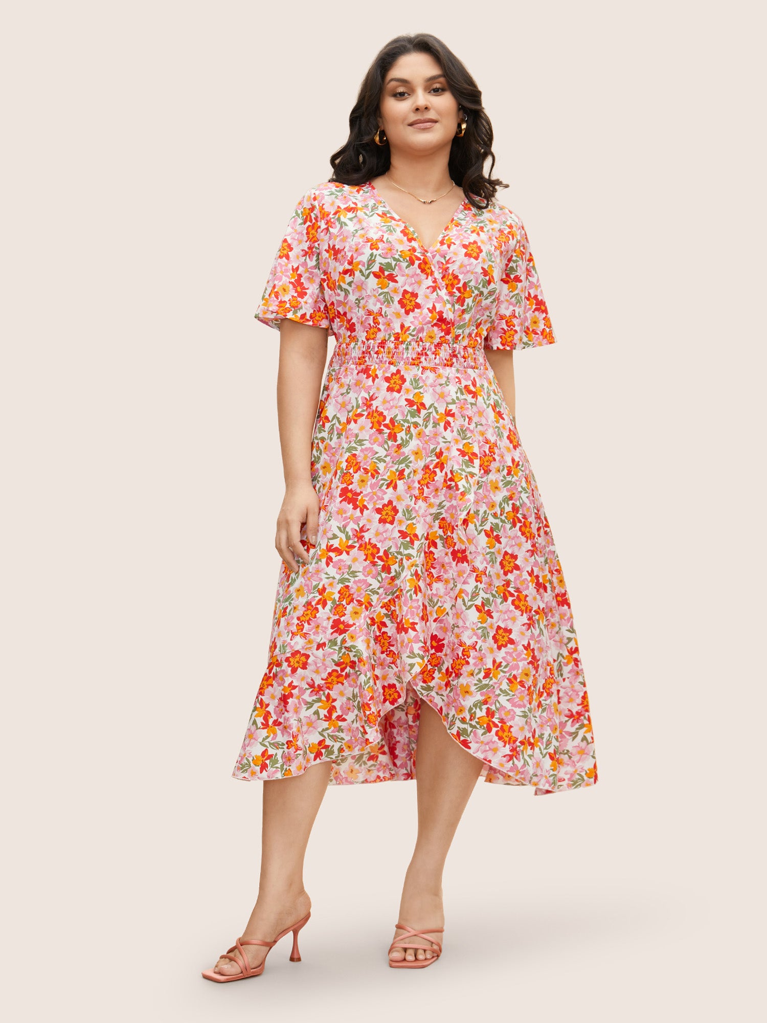 Floral Shirred Wrap Hem Ruffle Sleeve Midi Dress