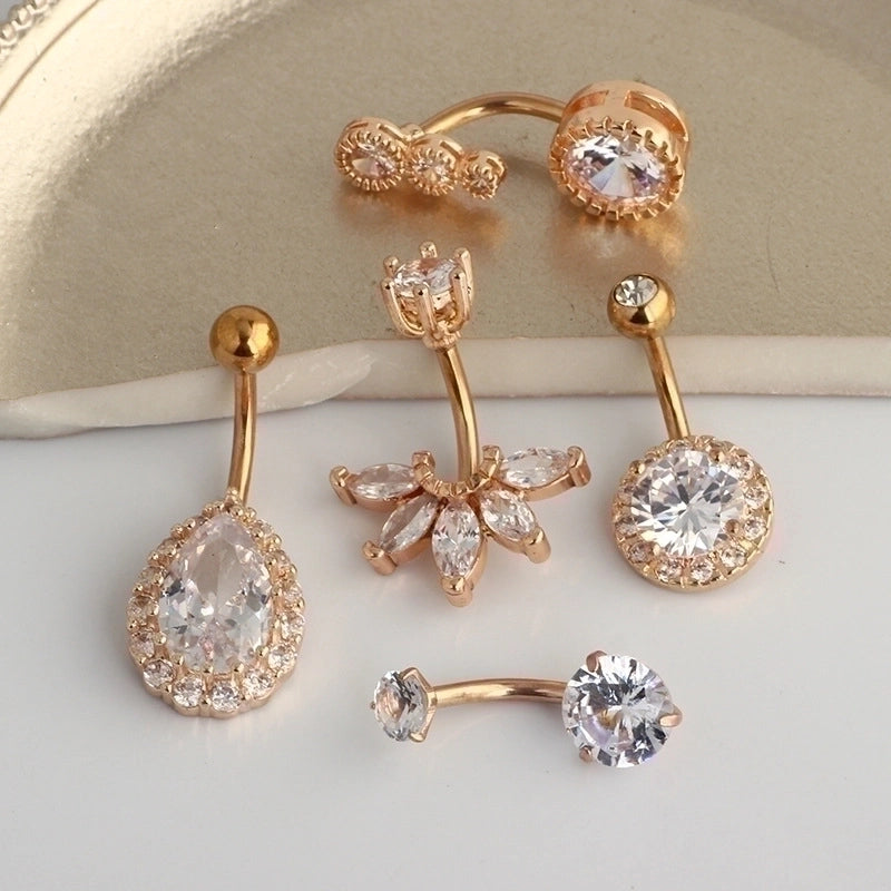 5 Pieces Fashion Water Droplets Stainless Steel Inlay Zircon Belly Ring 5 Pieces