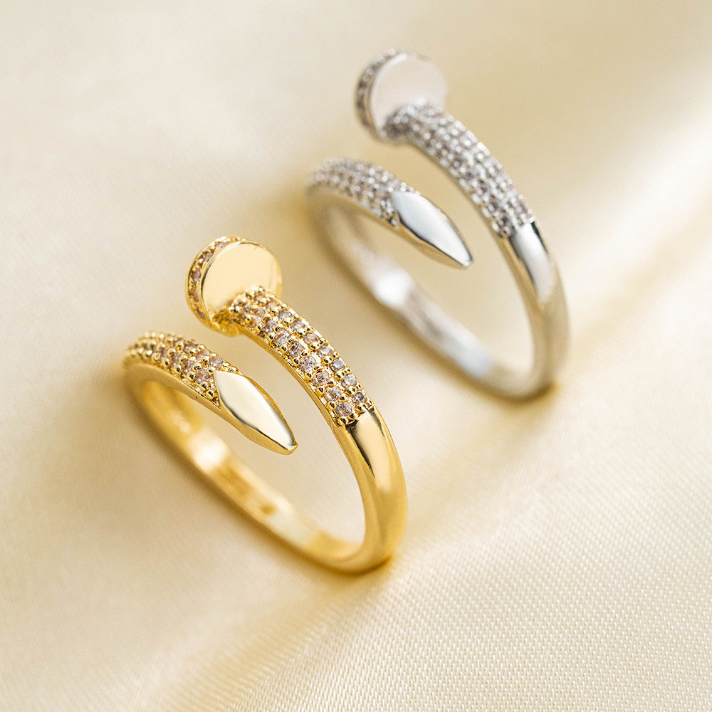 Fashion 18K Electroplated Nail-Shaped Movable Ring For Women Niche Open Adjustable Ring