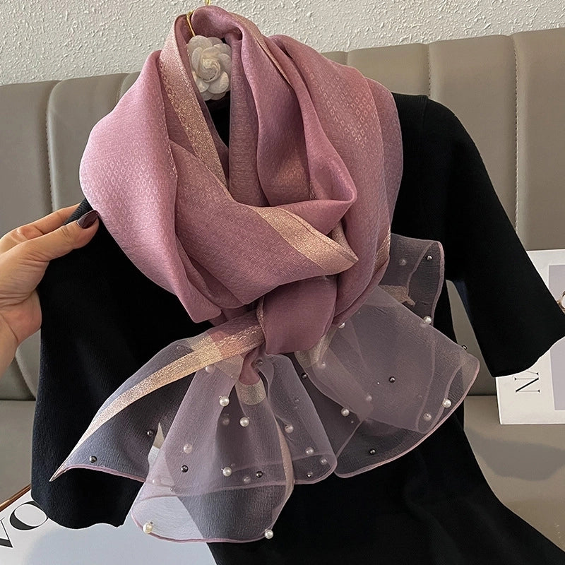 Women's Minimalist Color Block Satin Pearl Silk Scarf