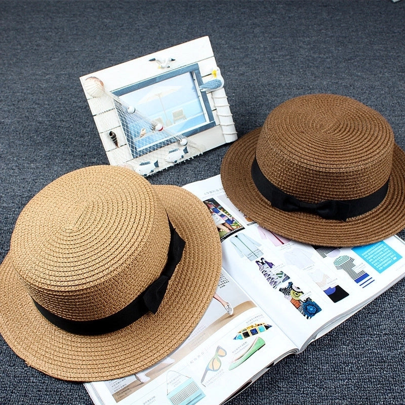 Straw Hat Sun Hat Trendy Women Summer Bow Straw Flat Top Hat