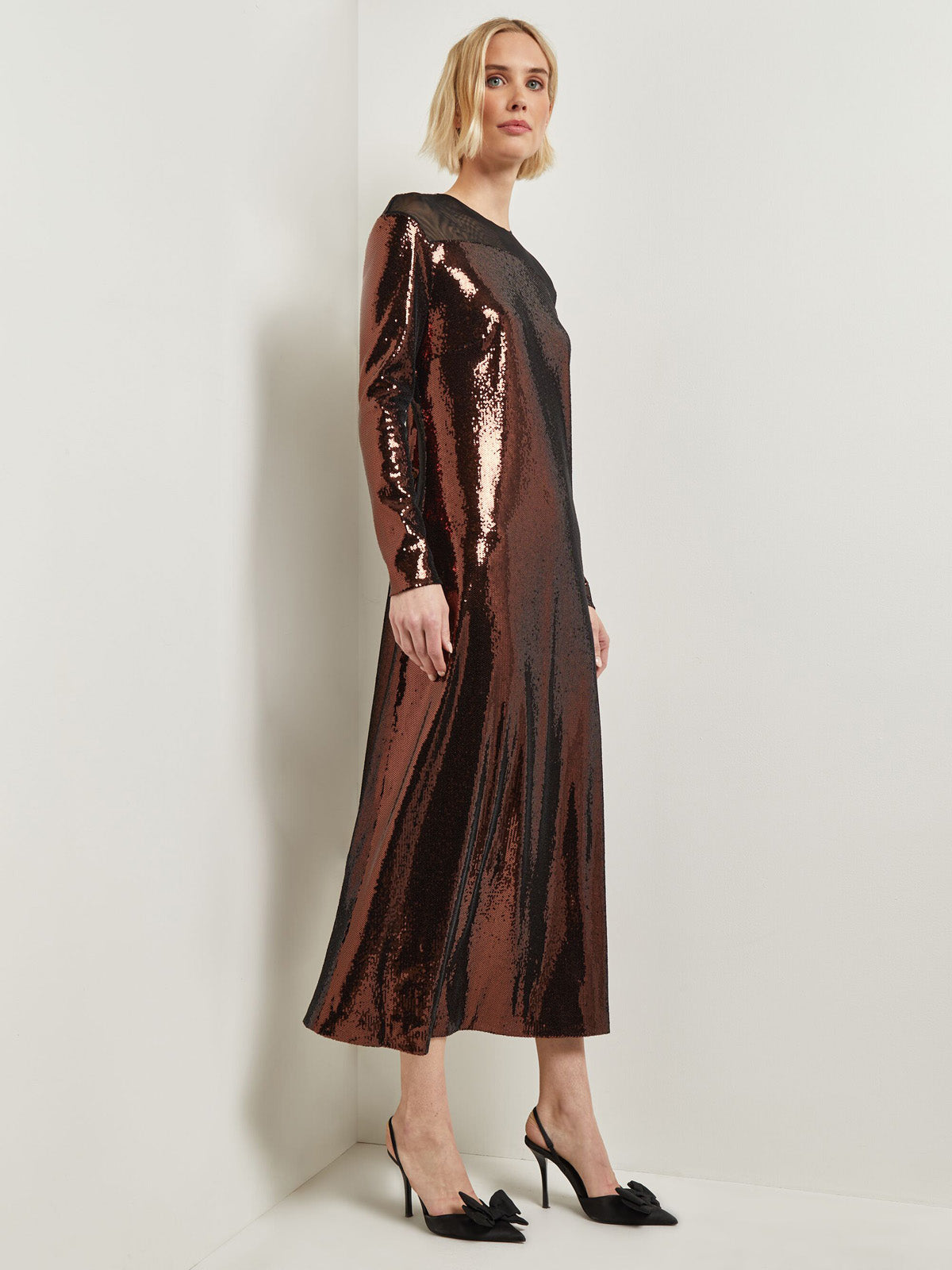 Modern Fit Sheer Shoulder Sequin A-Line Maxi Dress