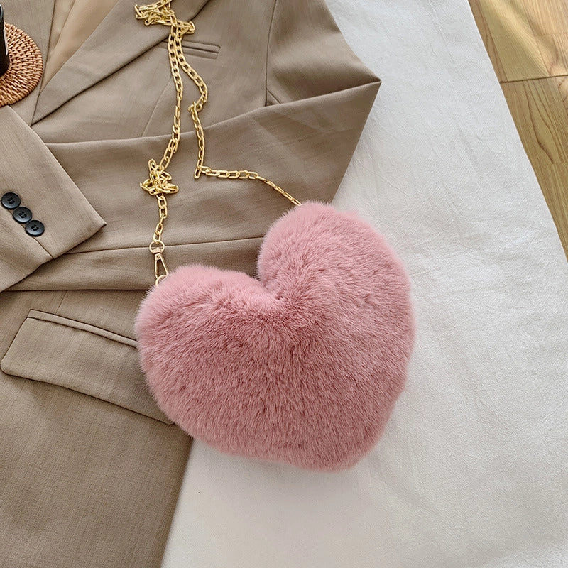 Women's Plush Solid Color Cute Heart-shaped Zipper Crossbody Bag