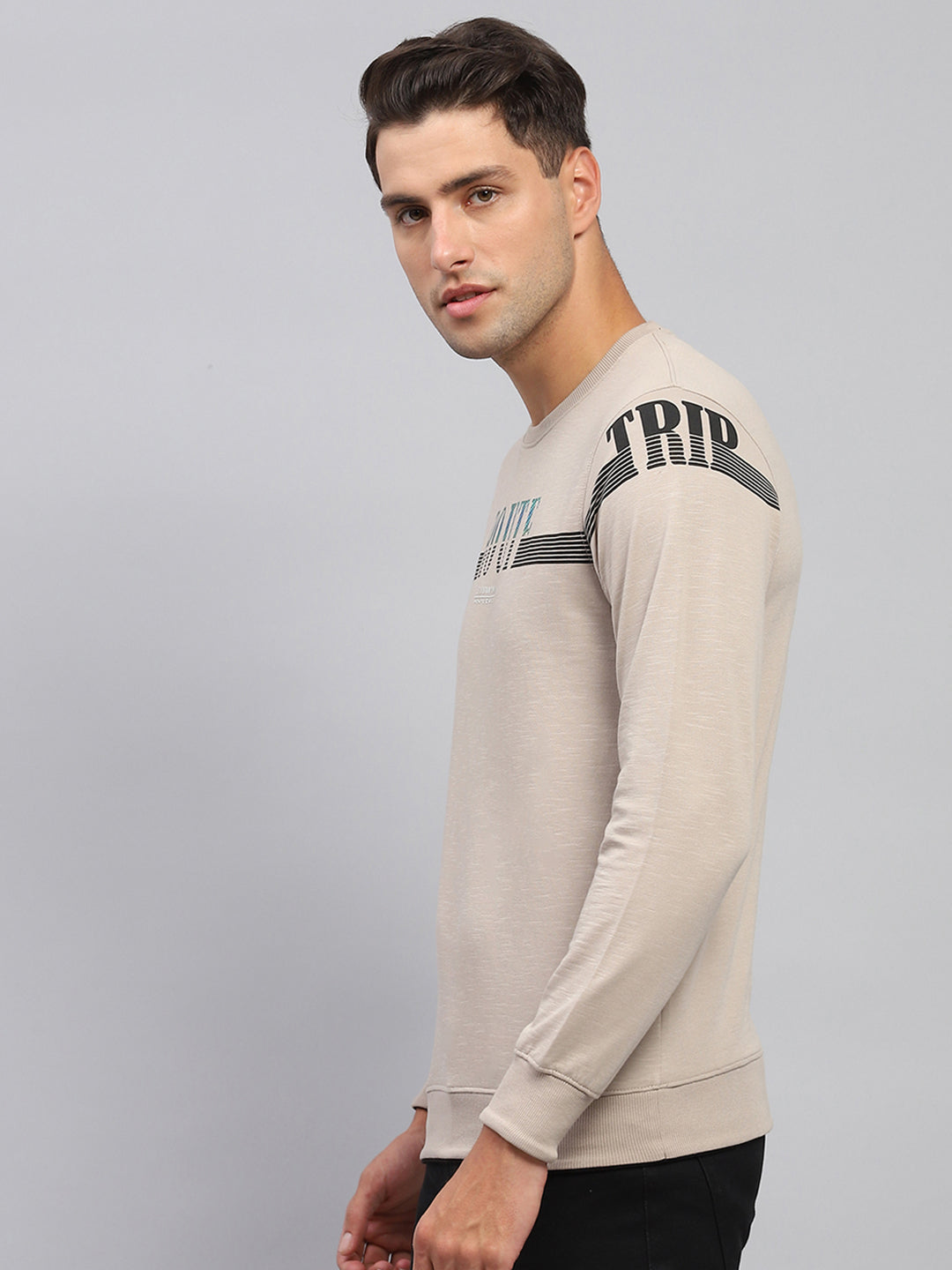 Men Beige Printed Round Neck Full Sleeve T-Shirt