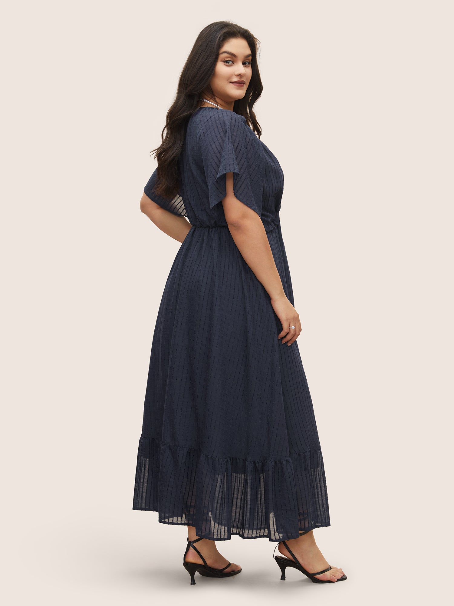 Solid Striped Notched Ties Up Pocket Flutter Maxi Dress