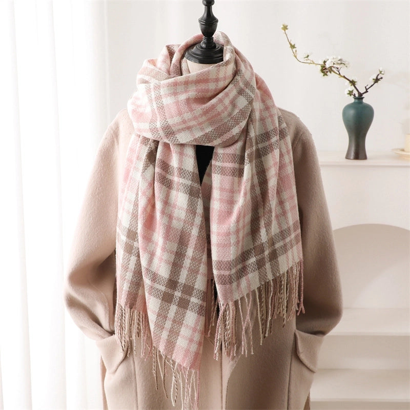 Autumn And Winter Plaid Artificial Cashmere Scarf Stylish Simple And Versatile Warm Scarf Ladies Tassel Shawl
