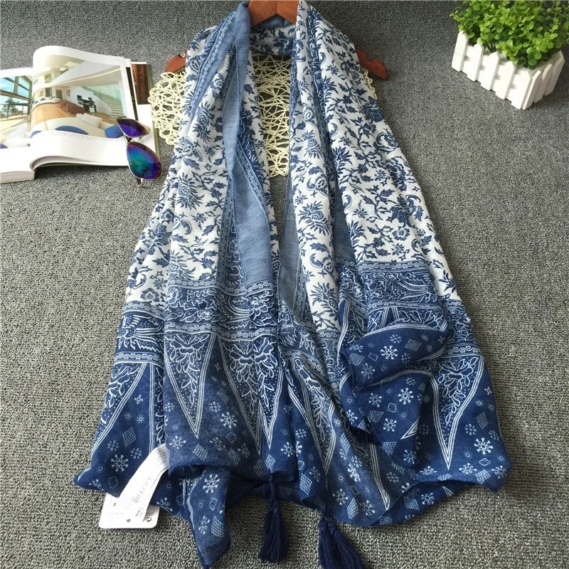 New Retro Ethnic Style Travel Silk Scarf Artistic Fresh Encryption Voile Blue And White Porcelain Tassel Scarf Shawl
