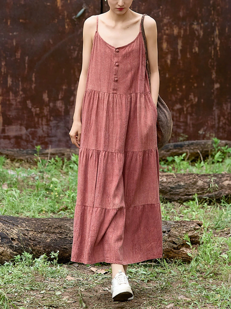 Women Summer Pure Color O-Neck Linen Maxi Vest Dress
