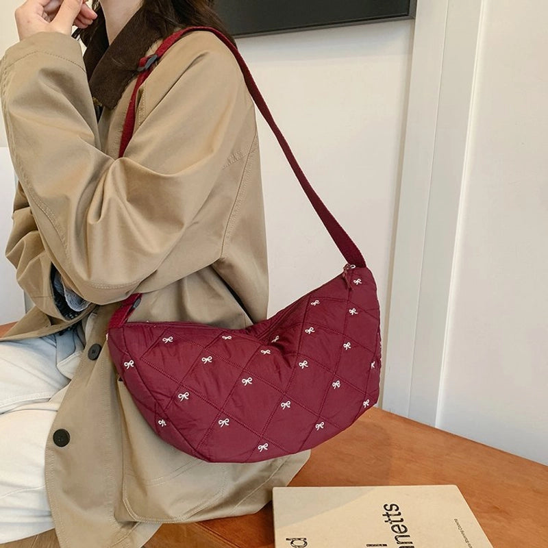 Women's Canvas Lingge Bow Knot Classic Style Dumpling Shape Zipper Shoulder Bag Crossbody Bag
