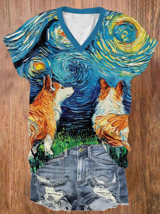 Women's Starry Sky Dog Print Casual V-Neck T-Shirt