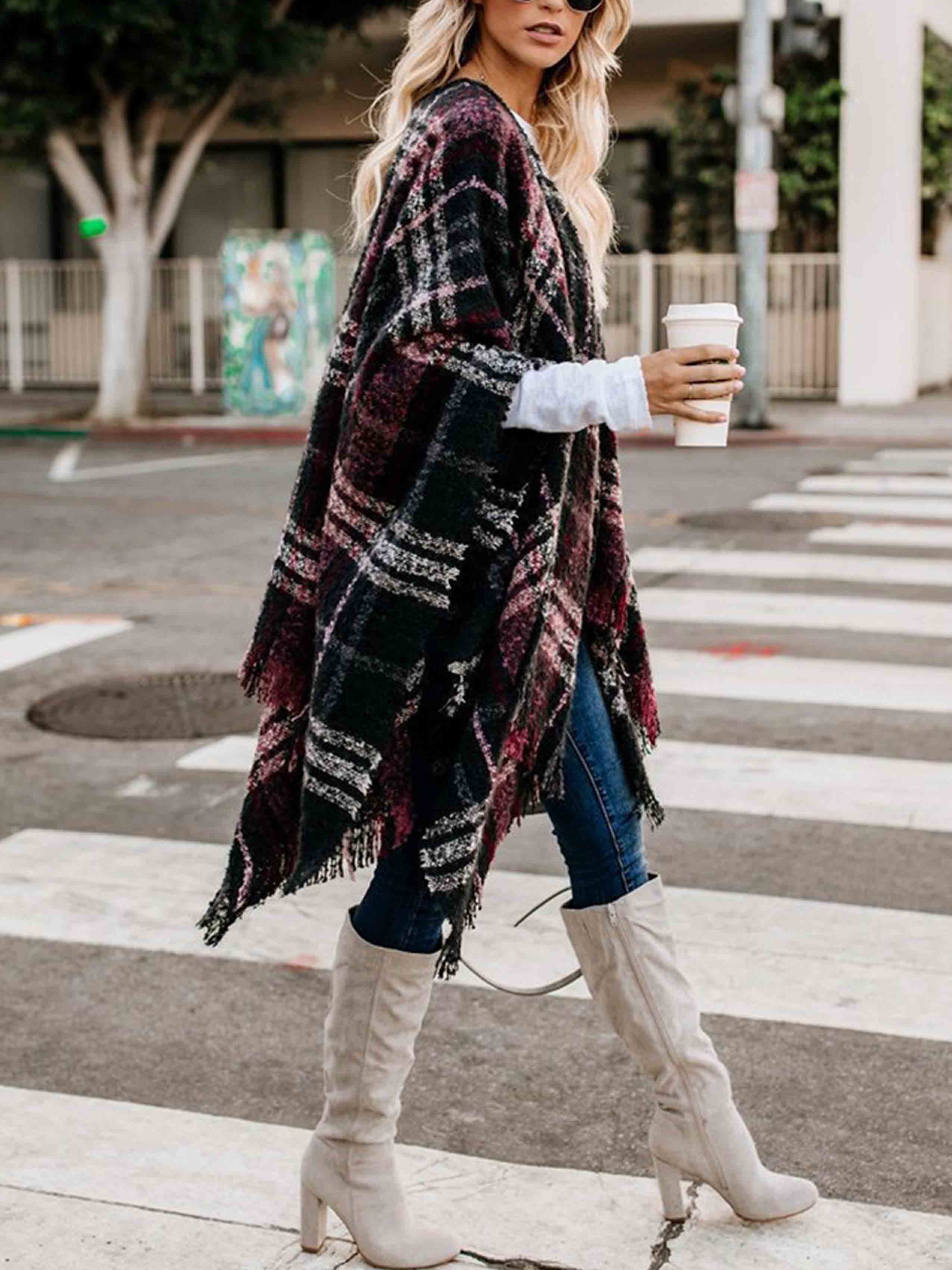 Plaid Fringed Knit Shawl Coat