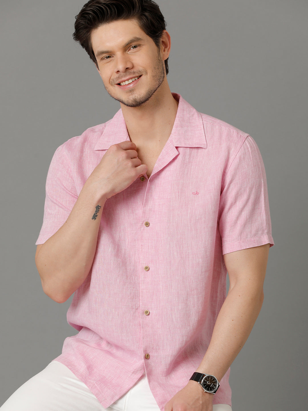 Mens Regular Fit Solid Pink Casual Linen Shirt (LUCA)