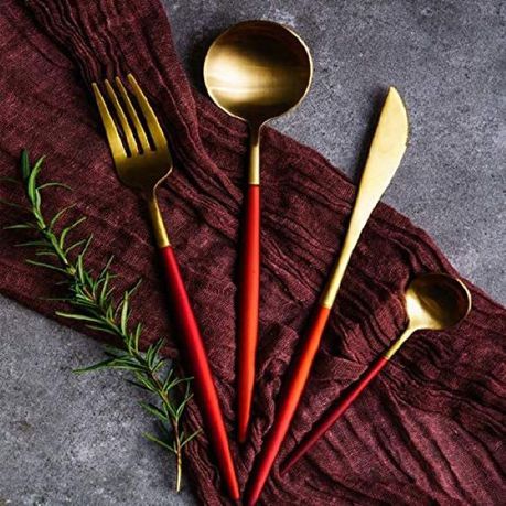 Red/Golden(4406)-24 PCs Premium Steel Cutlery Set